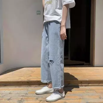 Japanese Retro Men s Torn Jeans Men s Loose Straight Leg Beggar Pants Spring Light and Thin Breathable Cropped Pants S