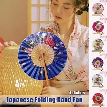 Japanese Sakura Flower Printed Fans Folding Fans Ancient Tassel Round Hand Fan Dance Performance Photo Prop Wedding Party Decor