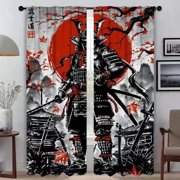 Japanese Samurai Halloween Decoration Modern Living Room Curtains for Camera Blackout Curtain Kitchen Curtains 2 Pieces Shades W50xH70cmx2pcs-CL