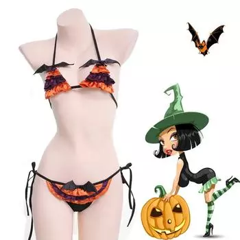 Japanese Sexy Bat Lingerie Set Satin Cosplay Halloween Party Little Devil Costume Sexy Pajamas Women Mini Micro Bra Panties One Size