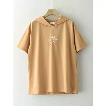 Japanese Single Short-Sleeved Hooded T-shirt Women s Summer Loose Slim Fit and Cute Casual All-Matching Printed Anti-Aging Top Tide Rb273 Orange/blemish Ci 3L-4L