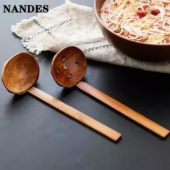 Japanese Spoon Long-Handled Soup Bamboo Spoon Cooking Wooden Lamian Noodles Spoon Hot Pot Strainer Household Kitchen Accessories