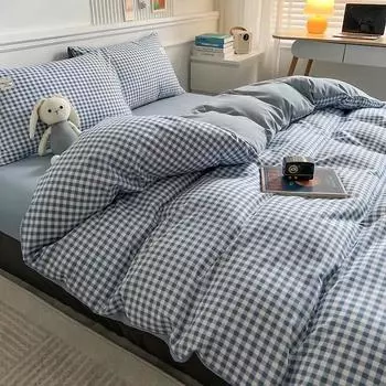 Japanese Style Autumn and Winter Checkered Four Piece Set Student Dormitory Three Piece Set Washed Cotton Quilt Set Bedding 1.2m three-piece