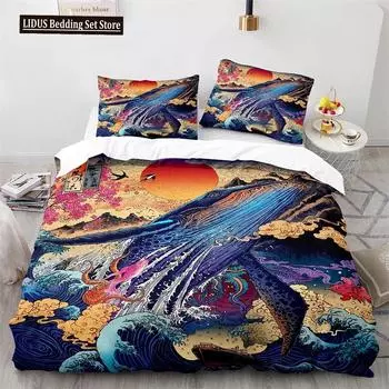 Japanese-Style Bedding Set Ukiyo-e Theme Comforter Cover Sea Wave Red Sun Pattern Decor Duvet Cover For Kids Teen King Full Size 70x133cm 2pcs