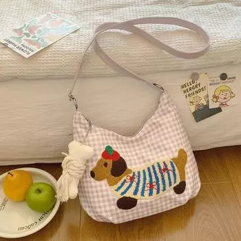 Japanese Style Black Gingham Canvas Bag Female 2025 New Arrival Casual Versatile Small Large Capacity Sausage Dog Crossbody Bag Pink