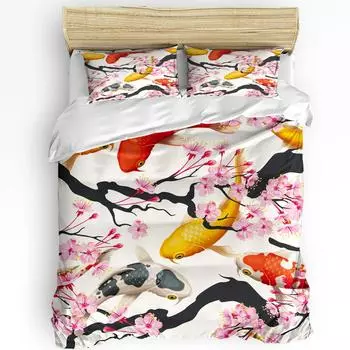 Japanese Style Carp Cherry Blossom Bedding Set 3pcs Duvet Cover Pillowcase Kids Adult Quilt Cover Double Bed Set Home Textile EU single(135x200cm)