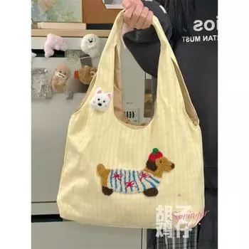 Japanese Style Cartoon Cute Puppy One Shoulder Bag Female Korean Style Girl Student Large Capacity Handbag Good-looking Cloth Bag Cream yellow