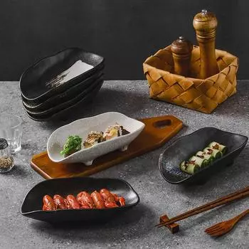 Japanese-style ceramic special-shaped plate sashimi sea urchin sushi hot pot barbecue retro tableware commercial 23X13CM