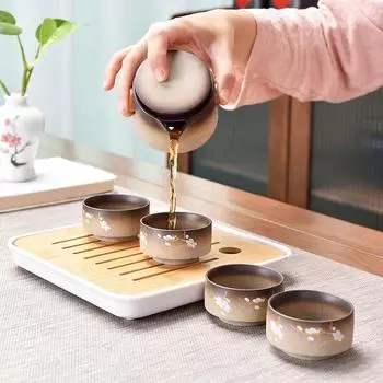 Japanese-style Cherry Blossom Kung Fu Tea Set Small Set One Pot Two Cups Four Cups Portable Travel Tea Set Tea Pot Tea Tray