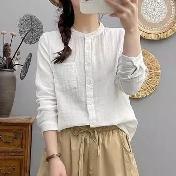 Japanese Style Classic Small Stand Collar Single Pocket Double Layer Yarn Shirt Easiest for Match Artsy Solid Color Baby Yarn Women s Tops Shirt White M 42.50 kg-57.50 kg