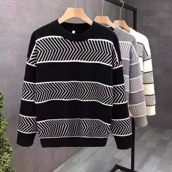 Полосатый свитер контрастного цвета в японском стиле, мужской осенне-зимний утепленный вязаный свитер с длинными рукавами, пальто 2024год M белый