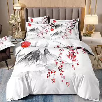 Japanese-Style Duvet Cover Cherry Bedding Set Ukiyo-e Theme Wave Pattern quilt cover Mountain Exotic Style US Twin(172x218cm)