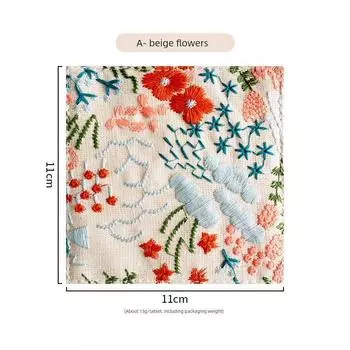 Japanese Style Embroider Cotton Linen Coaster Square Heat Proof Mat Potted Decorative Pad Vase Mat Tea Mat Dish Mat Placemat Fabric A- beige flowers 1 piece