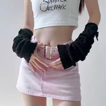 Japanese Style JK Bows Oversleeves Girls Fingerless Gloves Sweet Cute Cool Girl Lolita Pile Style Knitting Oversleeve Cable Stitch Black One size