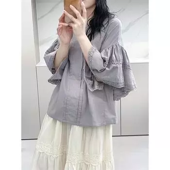 Japanese Style Lace Ruffle Sleeve Doll Shirt for Women 2025 Summer New round Neck Pure Cotton Tied Short Sleeve Thin Shirt Violet One size