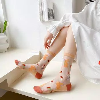 Japanese style Lovely Sweet Nylon Flower Socks Glass Silk Socks Middle Tube Socks Female Hosiery B