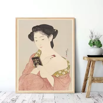 Японский стиль макияжа женщина расческа плакаты и принты винтажное настенное искусство розовый холст живопись для гостиной декоративные картины 21x30cm No Framed