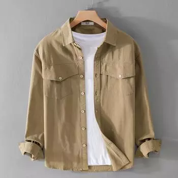 Мужские рубашки-карго в японском стиле, повседневная рубашка из чистого хлопка с длинным рукавом, с двумя карманами, белая рубашка для мужчин M белый