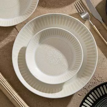 Japanese Style Relief Ceramic Plate Household Salad Fruits Dining Plates Retro Solid Color Delicious Dishes Plate Tableware