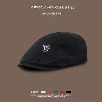Japanese-Style Retro Fashion Embroider Letters Anti-Wear Duck Tongue Advance Hats New Arrival Show Face Little Wild Stylish Beret C1963 front P rear C forward CAP Black All yards