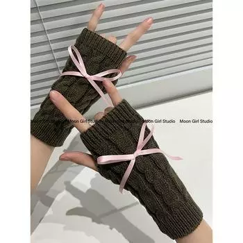 Japanese Style Sexy Women s Cold-Proof Wool Half Finger Bows Grey Sleeve Powder Ribbon All yards