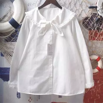 Japanese Style Soft Girl College Style Fresh Rabbit Ears Bow Tie Doll Collar Loose Cotton Long Sleeves White Shirt Top Women White One size