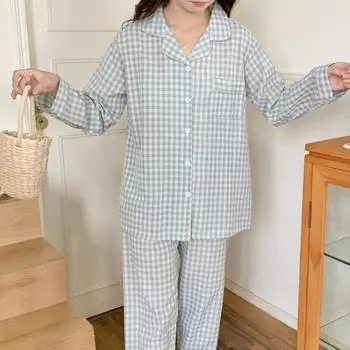 Japanese Style Spring Autumn Pajama Set Women s 100% Cotton Long Sleeve Pants Two Piece Grid Printed Lace Home Furnishing Set M