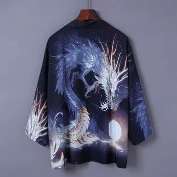 Japanese Style Ukiyo-E Carp Print Haori Chinese Style 3/4 Sleeve Improved Hanfu Kimono Cardigan Summer Sun Protective Clothes Black flying dragon play beads Ordinary: free size