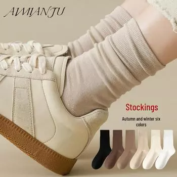 Japanese Style Women s Cotton Long Socks: Autumn & Winter, Medium Tube, Loose Fit, Pile, Confinement, Pure Cotton 6-color Women s Pile Socks (Confinement Socks) белый