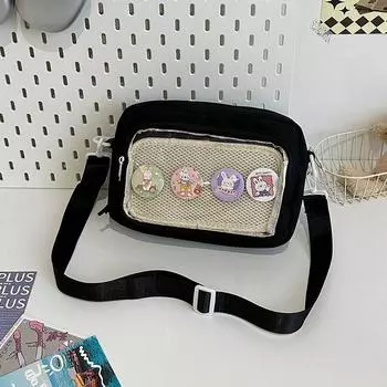 Japanese Style Young Adult Ins Transparent Cartoon Backpack Shoulder Messenger Bag Female Easiest for Match Casual Cell Phone Small Bag Black + Badge (Sending Plate)