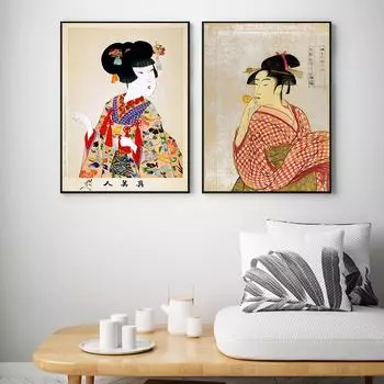 Японская настоящая красота, молодая леди, дующая на поппин, настенный художественный постер, кимоно, женская картина на холсте, скандинавская картина, домашний декор 21*30cm