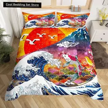 Japanese Ukiyo-e King Queen Duvet Cover Golden Fish Hokusai Bedding Set Crane Wave Quilt Cover Red Sun Polyester Comforter Cover EU single(135x200cm)