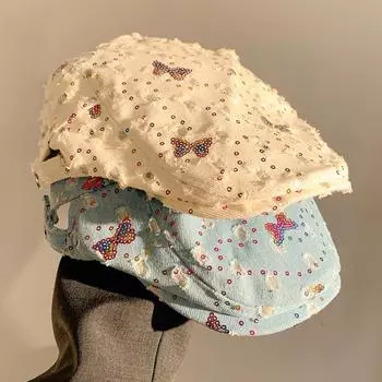 Японские береты из денима с бабочками Y2k, расшитые блестками, для женщин, летние, тонкие, солнцезащитные, универсальные, ретро, литературные, газетные шляпы 56-58cm белый