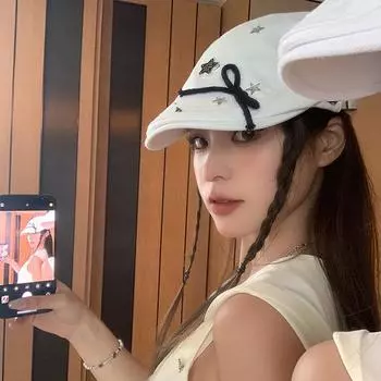 Japanese y2k star bow forward hat female retro cute babe beret street shot show face little painter hat average size (54-59cm)