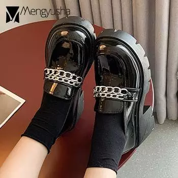 Japanned&Matte Leather Platform Shoes Woman Flats 6cm Heel Rubber Loafers Luxury Chain Sneakers Oxford Ladies Muffin Creepers JK 5