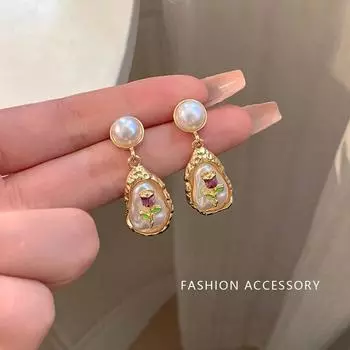 Jardin Monet Purple Oil Painting Style Baroque Bead Earrings Retro Stud Earrings Women Accessible Luxury Fancy Unique Earrings Gold