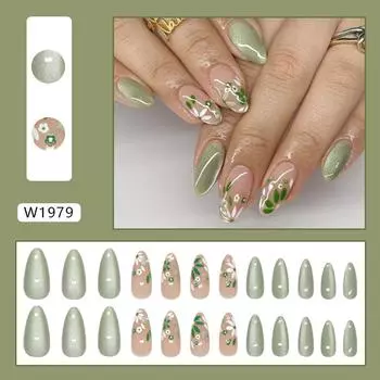Jasmine milk green cat s eye fresh flower removable wearable armor 24 pieces press on nails