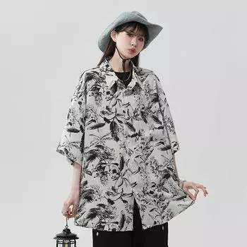 JAYSCE женская летняя свободная рубашка с галстуком, повседневный уличный пляжный топ, модная и дышащая рубашка с лацканами с росписью тушью M белый