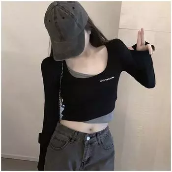 Jazz Tops Jazz Slimming False Two-Piece Pure Desire Sexy Crop Top Short Fashion Y2g Millennium Sexy T-shirt Long Sleeve Black fake two pieces pure cotton L
