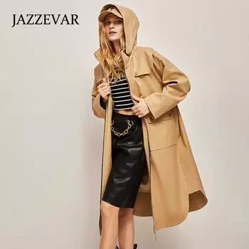 JAZZEVAR осенняя новая прямая ветровка цвета хаки, женская свободная тонкая куртка средней длины с капюшоном L хаки