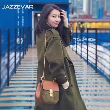 JAZZEVAR весенне-осенняя женская длинная шерстяная одежда армейского зеленого цвета, свободные пальто больших размеров XL армия зеленый