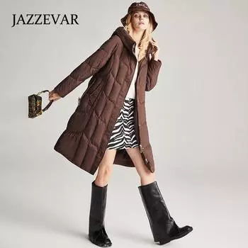 JAZZEVAR женский средний и длинный пуховик А-образной формы с капюшоном, высококачественный силуэт, утепленная куртка на белом утином пуху M кофейный