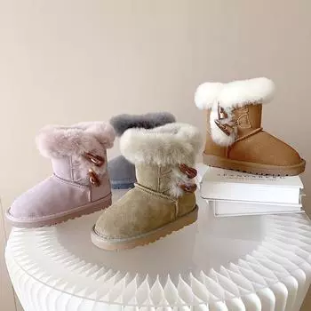 JDUUGG Children s Snow Boots Women s Leather Classmate Horn Buckle Medium Tube Flip Warm Snow Cotton Winter Children s Boots 21