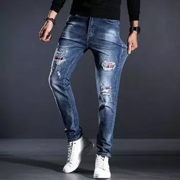 Jeans, Elastic Men s Holes, Trendy and Versatile Youth Straight Leg Pants, Korean Version Clothing 28