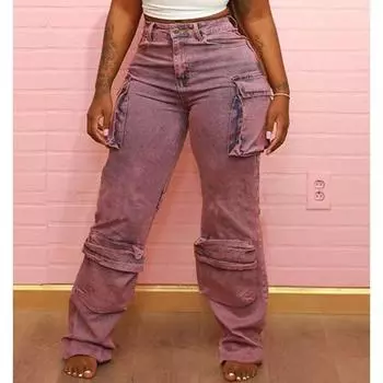 Jeans Fashion 2023 Tie-Dyed Denim High Waist Straight Patchwork Multi-Pocket Street Trend Tooling Style Trousers for Women Pink S
