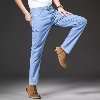 Jeans Men s Spring and Summer Silk Twill High Waist Loose Business Straight Trousers 28