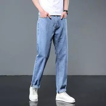 Jeans Men s Summer Thin Breathable Loose Fit Large Straight Leg Pants Korean Fashion Casual Formal Business Pants 34 синий