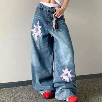 Jeans Trendy Spring and Autumn Style Personalized Loose Pants American Retro Washed Patch Jeans XXXXL синий