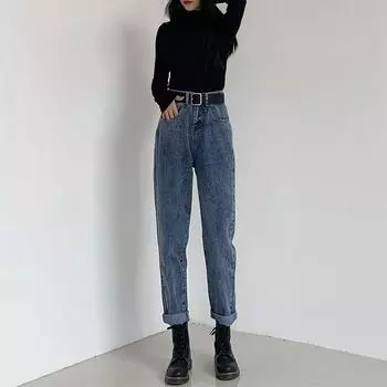 Jeans Women s High-waisted Straight-leg Pants Loose Harem Trousers XXXXXL синий