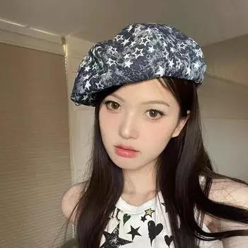 Эби стиль ретро звезда тай-дай джинсовый берет женский большой окружность головы яппи показывающий лицо маленькая шляпа художника прилив Average size (54-58cm)